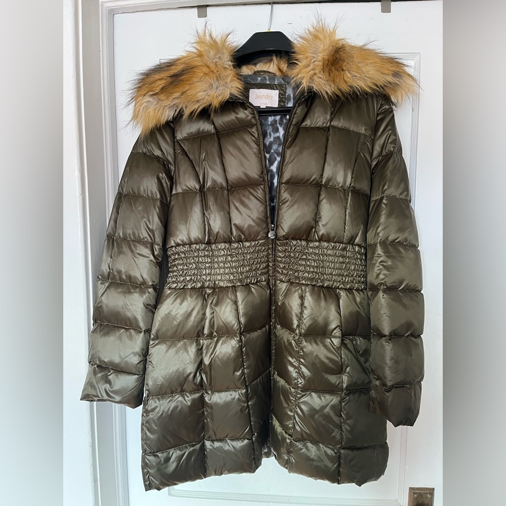 Laundry By Shelli Segal Olive Jacket with Faux Fur Trim